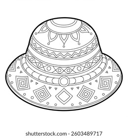 Traditional Bucket Hat Outline with Ethnic Patterns | Black and White Hat Illustration
