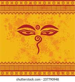 Traditional Buddha eyes symbol on yellow textured background with henna design borders