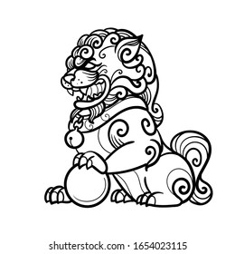 Traditional buddhist guardian lion. Vector hand drawn illustration