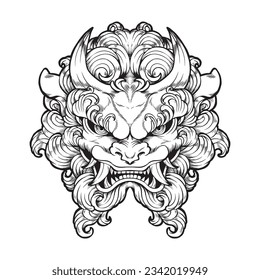 Traditional buddhist guardian lion. Vector hand drawn illustration. Black ink illustration isolated on white background.