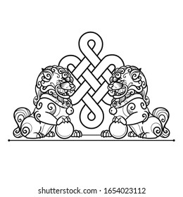 Traditional Buddhist Guardian Lions. Vector Hand Drawn Illustration