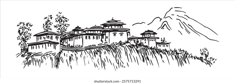 traditional buddhist monastery in mountains hand-drawn sketch doodle