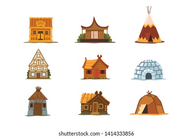 Traditional buildings of different countries set, houses from around the world vector Illustrations on a white background