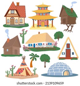 Traditional buildings of different countries set, houses from around the world.