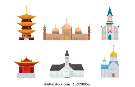 Traditional buildings of different religions. Vector illustration.