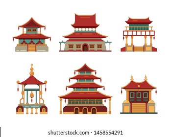 Traditional buildings. Japan and china cultural objects architecture pagoda gate palace heritage vector collection. Chinese building palace, oriental ancient architecture illustration