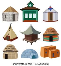 Traditional buildings and small houses of world different nations. Vector yurt and wigwam, tribal tepee and different shelter illustration