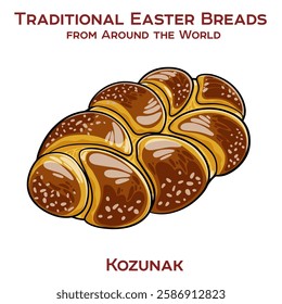 Traditional Bulgarian sweet bread enriched with eggs, milk, butter, and vanilla, typically braided and baked for Easter celebrations.