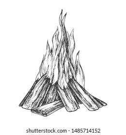 Traditional Burning Bonfire Monochrome Vector. Hiking Fiery Wooden Sticks Bonfire Fireplace. Hot Forks Of Flame And Wood Timber Hand Drawn In Retro Style Black And White Illustration