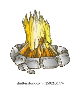 Traditional Burning Campfire Color Vector. Burning Firewood With Bricks Stones Around Of Flame. Bonfire Camping Tourist Element Hand Drawn In Vintage Style Illustration