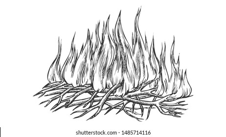 Traditional Burning Camping Fire Monochrome Vector. Tree Branch Sticks Twigs Fire Campfire. Sprouts Of Flame And Offshoot Of Plant Hand Drawn In Retro Style Black And White Illustration