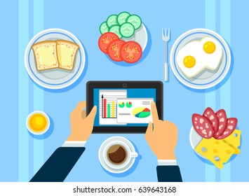 Traditional business breakfast concept with hands holding tablet omelette coffee toasts tomato cucumber cheese salami sausage slices isolated vector illustration