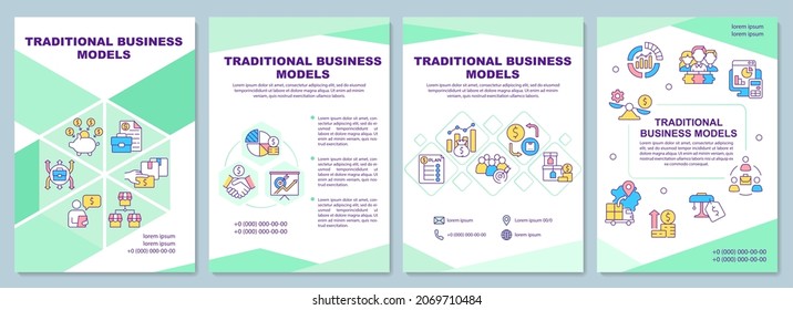 Traditional business model brochure template. Retail and commerce. Flyer, booklet, leaflet print, cover design with linear icons. Vector layouts for presentation, annual reports, advertisement pages