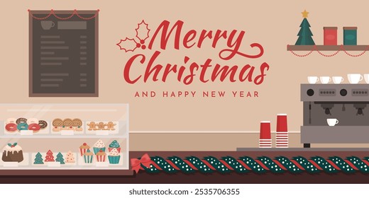 Traditional cafe interior with Christmas ornaments and wishes, holidays and celebrations concept