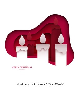 Traditional candles in paper cut trendy craft cartoon style. Christmas, new year modern design for advertising, branding background greeting card, cover, poster, banner. Vector illustration.