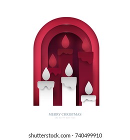 Traditional candles in paper cut trendy craft cartoon style. Christmas, new year modern design for advertising, branding background greeting card, cover, poster, banner. Vector illustration.