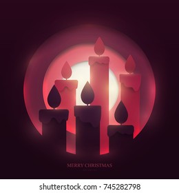 Traditional candles in paper cut trendy craft cartoon style. Christmas, new year modern design for advertising, branding background greeting card, cover, poster, banner. Vector illustration.