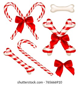 Traditional candy cane and candy cane in bone shape. Sweet caramel stick for dog - symbol of the 2018 year. Vector illustration, isolated on white background. Set includes several elements.