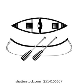 traditional canoe and paddle isolated on white background, monochrome style, camping gear vector illustration