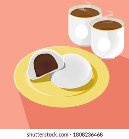 Traditional Cantonese Food, Chinese Food, Red Bean Bun with Hot Tea, Vector 