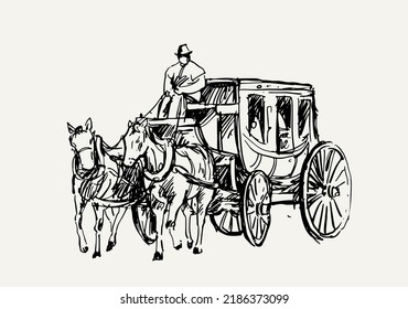 traditional car with horse of ink sketch for poster. old car drawing. sketch traditional car