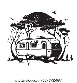 a traditional caravan vacation concept. 
Isolated on white background. Black in color. Picture drawn on a single line art.