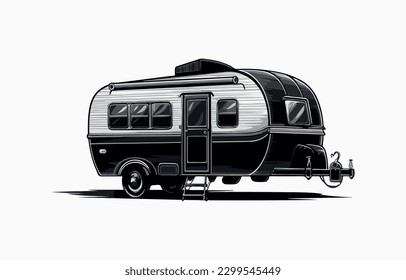 a traditional caravan vacation concept. 
Isolated on white background. Black in color. Picture drawn on a single line art.