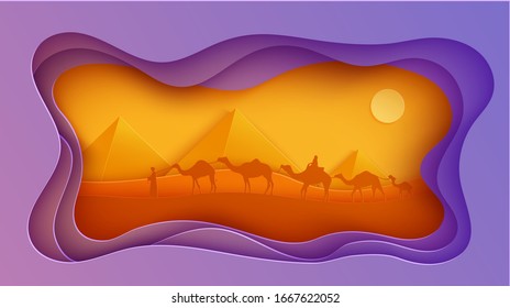 Traditional caravan walking throw egyptian desert in papercut style. Cutout wavy craft frame with panorama pyramid wildlife. Vector abstract paper cut sunset with riding camel people. Wild life desert