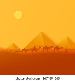 Traditional caravan walking throw egyptian desert in papercut style. Cutout craft background panorama of ancient pyramids. Vector abstract paper cut sunset with riding camel people. Wild life desert.