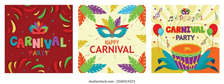 Traditional carnival in Brazil. Festive party with traditional music and masks. Brazilian carnival celebration. Carnival Party concept. Set flat vector illustration.