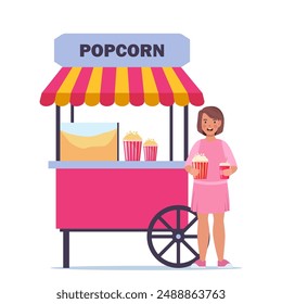 Traditional carnival commercial popcorn popper machine cart with tent. Happy kid buying popcorn in amusement park. Vector