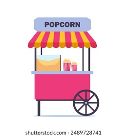 Traditional carnival commercial popcorn popper machine cart with tent. Popcorn cart in amusement park. Vector