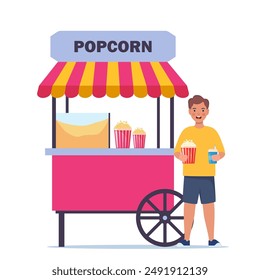 Traditional carnival commercial popcorn popper machine cart with tent. Happy kid buying popcorn in amusement park. Vector