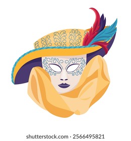 Traditional carnival mask with big hat and veil. Mardi gras holiday masque with ornament. Venetian masquerade party trendy face disguise accessory capturing spirit of celebration. Vector illustration