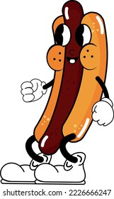 Traditional Cartoon hot dog. Hand drawn flat trendy cartoon in vector