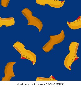 Traditional cartoon wooden shoes. Seamless color vector pattern on a blue background.