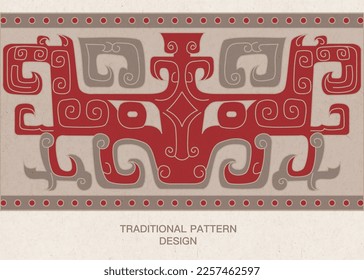 Traditional carved decorative motifs. Minimalist vector lines. Stone carving, wood carving, paper carving, laser cutting, etc. Red, gray, beige fill. Isolated on white background.
