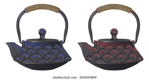 Traditional cast iron teapot. Black teapot for the Asian tea ceremony. Red and blue patina on black cast iron. 