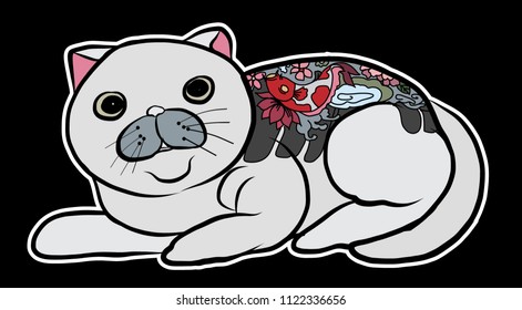 Traditional cat with tattoo idea.Japanese cat yakusa with painting dragon tattoo.