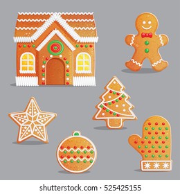 Traditional Catholic Christmas gingerbread treats with icing and sweet candy decorations, house, festive tree, celebration bauble ornament and other.