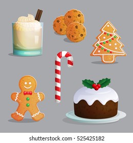 Traditional Catholic Christmas treats, egg nog glass with cream and cinnamon, festive candy cane, chocolate chip cookies, gingerbread ornament, traditional pudding.