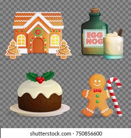 Traditional Catholic Christmas treats, egg nog glass with cream and cinnamon, festive candy cane, gingerbread house and man, traditional pudding.