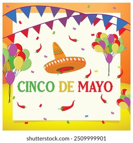 Traditional celebration in Mexico with sombrero hats. Banner and balloon decorations. Cinco de Mayo concept. Flat vector illustration.