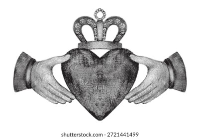 Ilustración vectorial de anillo claddagh celta tradicional en estilo sketch de tinta. Antiguas Símbolo irlandés de amor, lealtad y amistad aislado sobre fondo blanco.