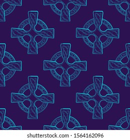 Traditional celtic cross in circle decorated with irish woven ornament. Unusual purple turquoise color scheme. St. Patrick's day festive seamless pattern. EPS 10 vector illustration