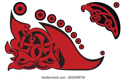 Traditional Celtic and Irish ornament in medieval style depicting a dragon and a bird of prey in red and black for wallpaper on your desktop