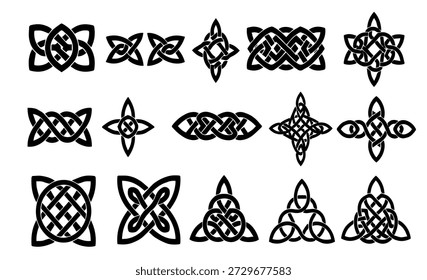 Coleção de vetores de nós celtas tradicionais, formas geométricas entrelaçadas pretas para projetos irlandeses e escoceses