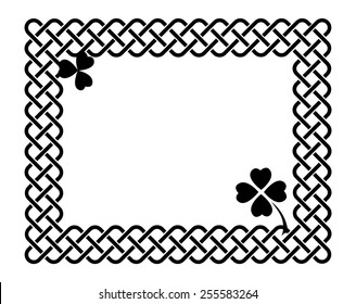 Traditional celtic style braided knot frame with shamrock leaves, black isolated on white.