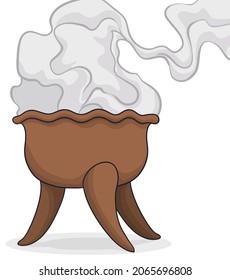 Traditional ceramic copal's censer with three legs, burning incense in cartoon style.