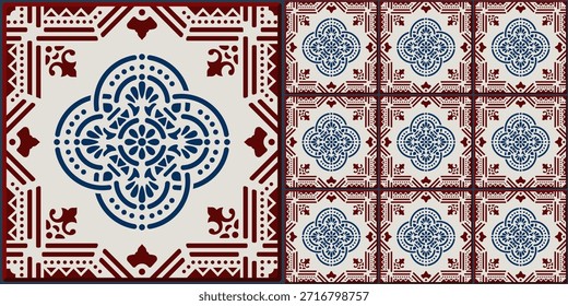 Azulejo tradicional de cerâmica com design ornamental vermelho e azul, inspirado pela estética clássica de azulejos mediterrânicos e coloniais. Padrão de vetor sem emenda incluído.